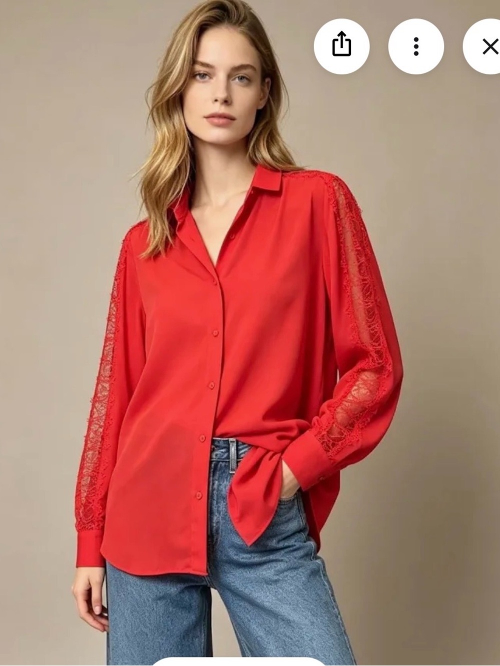 Kooples Red Silk & Lace Sleeve Button-Down Blouse sz S